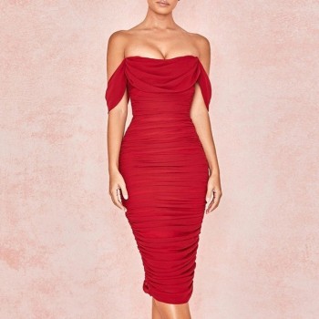 COSYGAL Off Shoulder Red Draped Sexy Dress Women Backless Bodycon Summer Short Dress Elegant Slim Night Party Dresses Club Wear